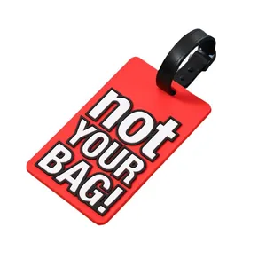 Vibrant red PVC luggage tag with 'not YOUR BAG!' embossed text and black strap