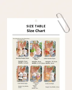 Detailed size chart for various mini magnetic plush animal keychains with specific dimensions.