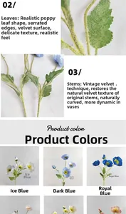 Detailed view of artificial Iceland poppy showing flocked stems and various blue colors