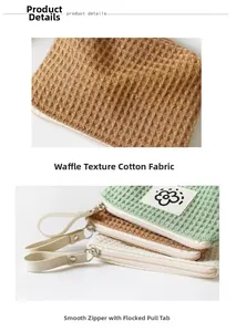 Close-up detail of waffle texture cotton fabric and smooth zipper on a mini pouch.
