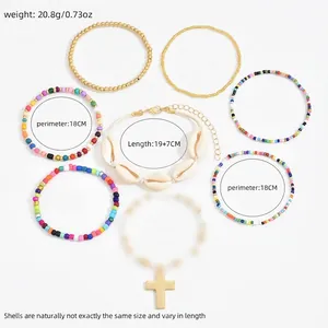 7pcs bohemian beach bracelet set featuring colorful seed beads and natural shell charms