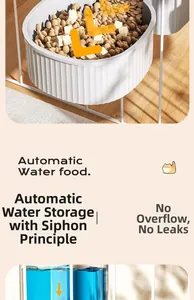 Close-up of the hanging pet feeder showing the siphon water system and food bowl detail