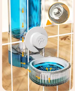 Detail of hanging mechanism and automatic water flow on this pet waterer dispenser.