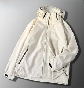 Detailed view of an off-white waterproof hooded windbreaker for outdoor hiking