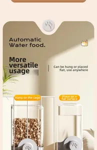 Automatic pet water and food dispenser showing hanging and flat surface options.