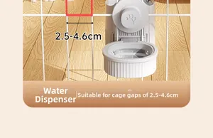 Detail of hanging pet water dispenser showing cage bar spacing requirement of 2.5-4.6cm.