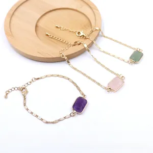 Close-up of faceted rectangular natural stone bracelets with adjustable gold chains