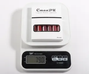 CmaaDu 6-piece liquid matte lipstick set on a digital scale showing a weight of 79.0g.