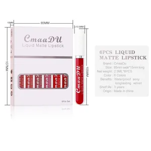 Detailed product dimensions and parameters for CmaaDu 6pcs liquid matte lipstick set.
