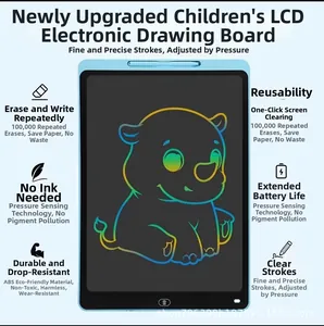 Close-up of kids LCD writing tablet showing colorful rhino drawing and product features