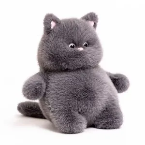 Detailed close-up of a cute, fluffy gray cat plush toy with round eyes and soft fur
