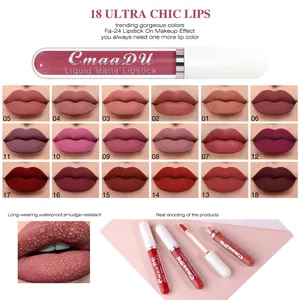Detailed swatches of 18 matte liquid lipstick shades with waterproof finish