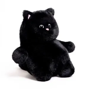 Macro view showing the soft texture of a fluffy black cat plush toy with cute features