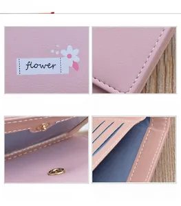 Detail shots of pink soft leather wallet showing floral print, stitching and button