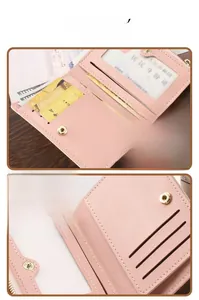 Close-up detail of slim pink bifold wallet showing multi-card slots and snap button
