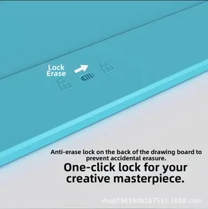 Detail of the lock switch on a blue LCD writing tablet for kids to prevent erasing.