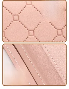 Close-up detail of pink quilted fabric and fine stitching on a slim women's wallet
