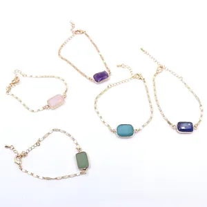 Group of adjustable gold bracelets featuring faceted square natural semi-precious stones