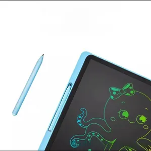 Detail view of the stylus storage slot on a blue children's LCD writing tablet.