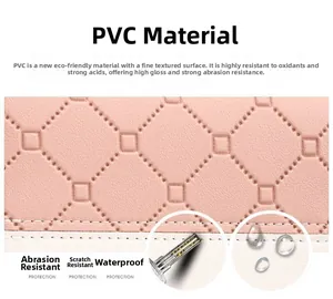 Close-up detail of pink quilted PVC leather material featuring a scratch-resistant finish