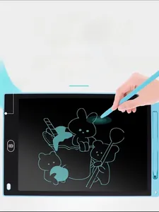 Blue LCD writing tablet for kids showing a stylus drawing cartoon characters.