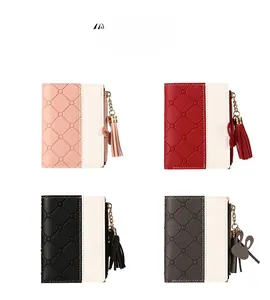 Color display showing four variants of slim women's bifold wallets with tassels