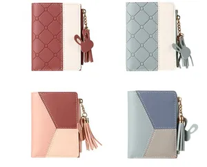 Slim bi-fold women's wallets with rabbit charms in diamond and color-block styles