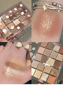 Nahaufnahme einer 20-Farben-Lidschattenpalette in Warmbraun mit glitzernden Hautproben