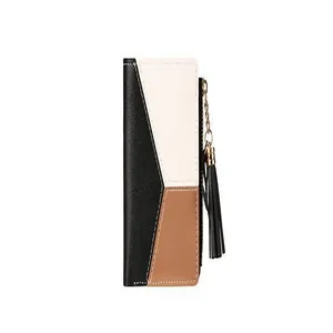 Detail view of a slim color-block bi-fold women's wallet with zipper and tassel accent.