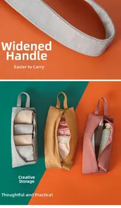 Detalle de bolsas de viaje portátiles con asas anchas y uso práctico como organizador.