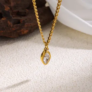 Detailed view of elegant gold-plated rope chain necklace with a marquise-cut zircon pendant
