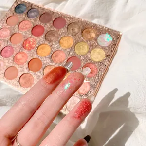 Detail shot of shimmering glitter eyeshadow swatches on fingers from a 35-color palette