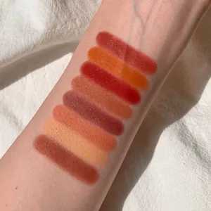 Close-up view showing nine matte earth-toned eyeshadow swatches on a natural skin arm