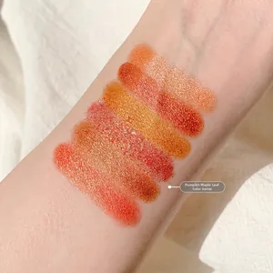Close-up of shimmering eyeshadow swatches in pumpkin maple shades on human arm