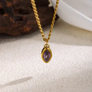 Elegant gold-tone stainless steel rope chain necklace with purple marquise zircon