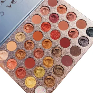 Detail of 35-color eyeshadow palette with earth tones, shimmer and glitter textures.