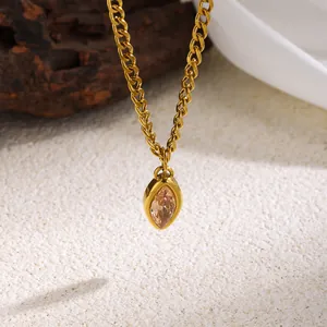 Elegant gold-toned stainless steel necklace featuring a marquise champagne zircon pendant