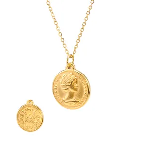 Detail view of gold coin pendant necklace featuring Elizabeth II and Dos Pesos design