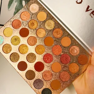Close-up of 35-color eyeshadow palette with shimmer and matte earth tones