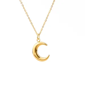 Detail shot of a minimalist gold-plated stainless steel crescent moon pendant necklace