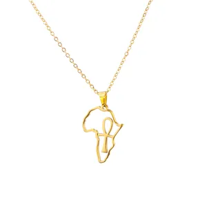 Gold plated Africa map pendant necklace with Ankh symbol for women