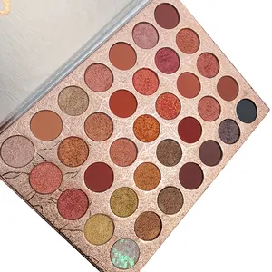 Close-up detail of a 35-color eyeshadow palette featuring shimmer and matte warm tones