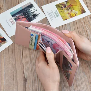 Elegant pink faux leather short wallet for women with large capacity card slots