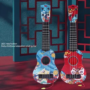 Set of colorful toy ukuleles for children with traditional Chinese motifs