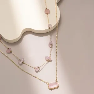 Collana di Nascita in Rame Placcato Oro 18K Collana a Doppio Strato con Ciondolo Ovale in Pietra Naturale per Donna Gioielli Vintage