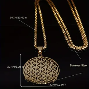 Detailed measurements of a gold stainless steel Flower of Life pendant necklace design