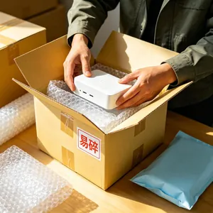 Professional packing detail showing a white electronic device being placed into a box