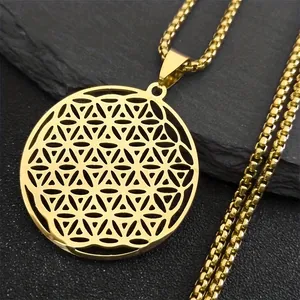 Close-up of gold stainless steel Flower of Life necklace pendant with box chain detail.
