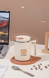 Cute cream 304 stainless steel coffee mug with bear design, lid and handle detail view