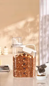 Close-up detail of a transparent pet food storage container with measurement scale